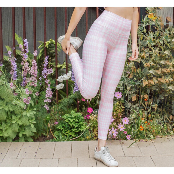 ONA By Yoon Chung Pink Houndstooth Activewear Leggings Sz L High-Rise 26" Inseam - Picture 2 of 9